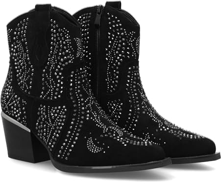 94663 Botin de Mujer con Estilo Vaquero, Detalles Brillantes y Cierre Comodo. Diseno de Tachuelas Brillantes, Tacon Cubano. Negro Talla 39