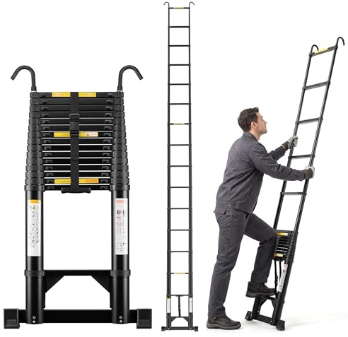 TEENO Escalera telescópica de Aluminio 6,2 m, Escalera Plegable Portátil Barra Estabilizadora y Ganchos Extraíbles, Refuerzo Triangular en la Parte Inferior, Negro, Capacidad 150 kg
