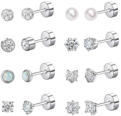 8 Pairs Flat Back Earrings For Women Silver Stud Earrings, Hypoallergenic | 316L Surgical Steel, CZ Pearl Heart Opal, Helix Tragus Conch Cartilage Piercing, Jewellery