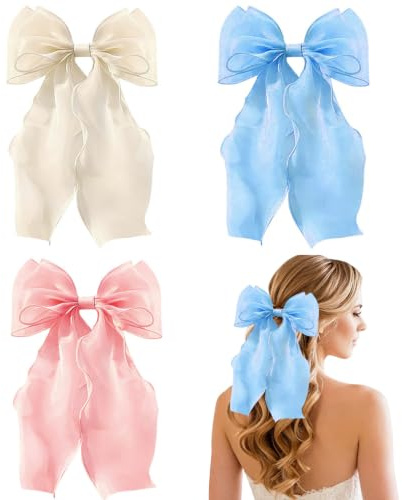 Kemay 3PCS Elegant Big Hair Bows for Women and Girls, Large Ribbon Hair Bow Clips with Long Tail, Soft Mesh Barrettes Hair Accessories for School, Wedding, Party and Daily Wear