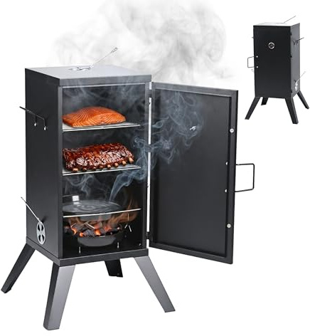 Relaxdays Horno ahumador para carne y pescado, 2 niveles, termómetro, negro