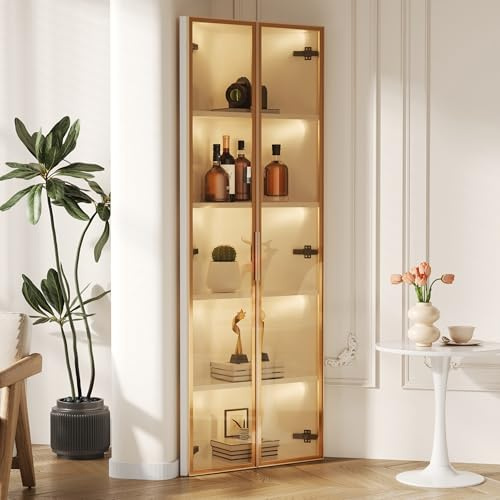 Vitrina de Cristal de 62 x 35 x 160 cm, Color Blanco, con Banda de luz integrada, Vitrina a Prueba de Polvo, Cristal Templado, Vitrina de Esquina, Elegante Vitrina de Cristal – Vitrina para Libros