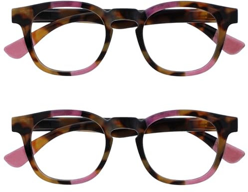 OPULIZE Ava Lunettes de Lecture Pack de 2 Avec Monture Arrondi Flatteur Charnières à Ressort Anti-Rayures Écailles de Marron Touche de Rose Hommes Femmes RR62-4 +3.00