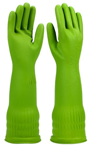 YSLON Rubber Dishwashing Glove Kitchen Cleaning Gloves 3-Pairs,Waterproof Reuseable.(Green,Small)
