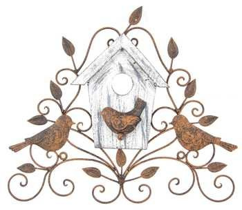 Hobby Lobby Antique Vintage Distressed Brown Swirl Metal Wall Home Decor With White Birdhouse