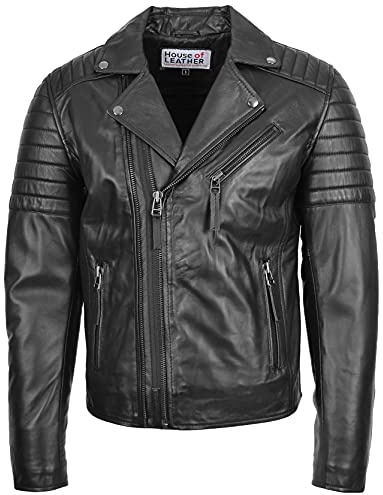 Mens Real Leather Biker Style Jacket Cross Zip Fastening Hook (M, Black)