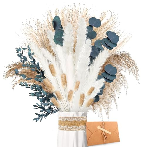 ZJTAPE Pampas Grass Dried Natural Dried Flowers - Eucalyptus Dried and Lagurus Deco, Bunny Tails Dried Flower Bouquet Crafting, for Wedding, Table Living Room, Vases Boho, Home Decor