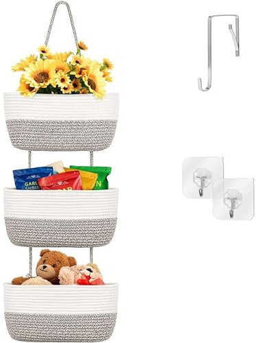 Kongming 3 livelli Cesto Portaoggetti da appendere Intrecciato, Porta oggetti da appendere in Corda Cotone, Scatola da appendere a parete e porta, per bagno, camera da letto