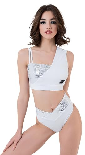Invertika Completo Sportivo Donna Pole Dance Top Double-Face Elegante & Slip Effetto Push Up (IT, Testo, L, Bianco E Argento)