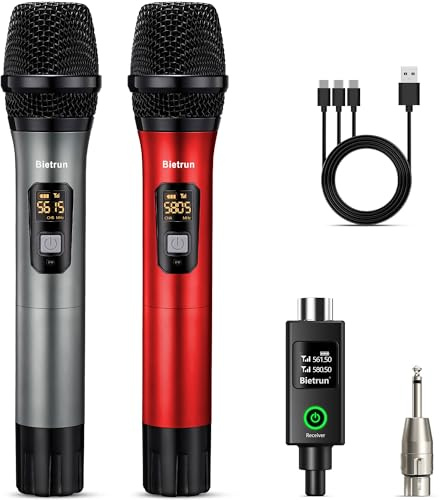 Bietrun XLR Wireless Microphone, UHF Dual Handheld Dynamic Metal Mic Set with Rechargeable Receiver, XLR to 1/4'' Adapter, for Karaoke, Church, Wedding, Party Singing(160 ft Range)(Auto Connect)