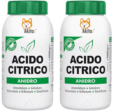 Akitaink Acido Citrico in Polvere 2 KG, Puro al 100%, Naturale ed Ecologico, Multiuso per Pulizia e Igiene della Casa: Ammorbidente, Anticalcare, Brillantante, Disincrostante, Decalcificante