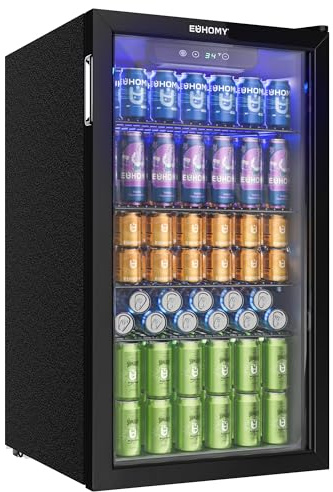 EUHOMY 90L Drinks Fridge, 126 Can Beer Fridge with Glass Door, Wine fridge with Adjustable Shelves for Soda Beer or Wine, Home/Bar/Office, Black, Steel, One-Touch Control [Energy Class F]
