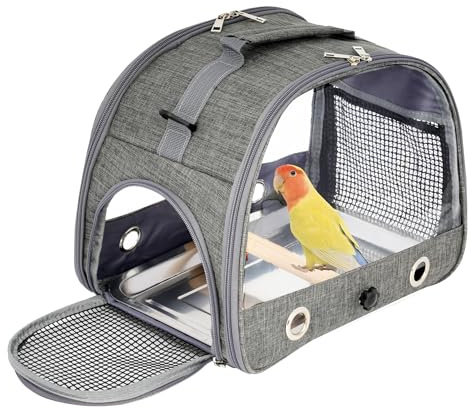 aleawol Bird Travel Carrier with Standing Perch and Stainless Steel Tray,Bird Carrier Travel Cage Foldable with Long Shoulder Strap for Parrots Parakeets Pigeons Hamsters Rabbits 33 x 24 x 26 cm