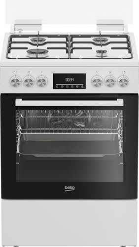 Beko FBM62320WDSL Freistehender Herd, Multifunktionsofen mit Gaskochfeld, 72 l Garraum-Volumen, 4 Kochzonen, 8 Heizarten, Seitengitter, Multifunktionsdisplay, Weiß