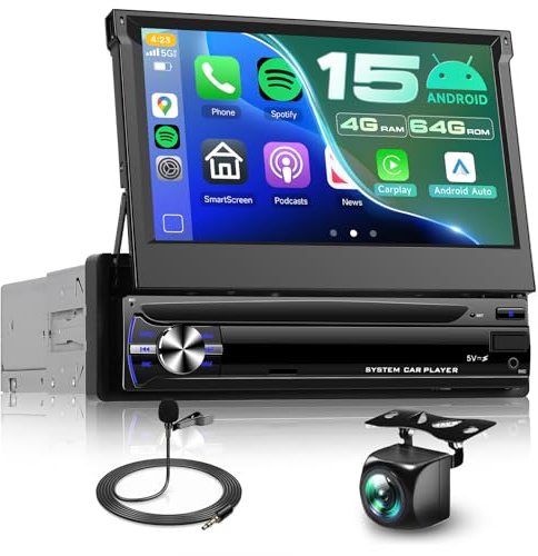 Hodozzy 4G+64G Android Radio de Coche 1 DIN con CarPlay Inalámbrico Android Auto, Pantalla Táctil HD de 7 Pulgadas Retráctil Pantalla con Bluetooth GPS WiFi Mirrorlink FM/RDS Radio USB/AUX Cámara