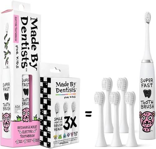 Made by Dentists Spazzolino elettrico per bambini – Spazzolino vibrante ricaricabile con timer, include 6 testine di ricambio, pulisce delicatamente i denti, per ragazze e ragazzi, bambini e bambini