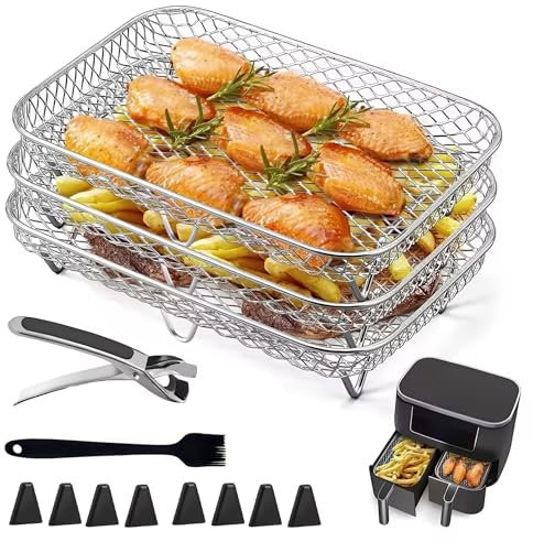 Air Fryer Racks, 3 Pièces 304 Acier Inoxydable Air Fryer Panier Tray Accessoires Friteuse à Air Chaud 3 Couches Empilable avec Clip pour four Micro-ondes (Carré)