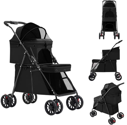 Double Couche Poussette pour Chien Chat Animaux, Animaux Voyage Poussette, Pliable Chien Chat À Quatre Roues Chariot/Landau Jogger/Poussette Buggy-67 * 50 * 95cm- Noir