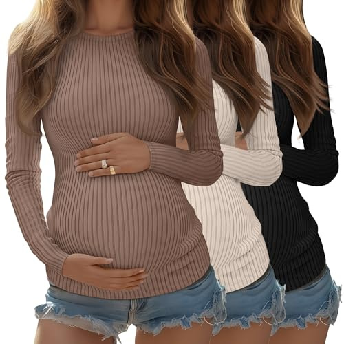Riyiper 3 Pack Women's Maternity Shirts Long Sleeve Ribbed Knit Pregnancy Tees Crewneck Tunic Clothes Casual Fall Tops(Coffee, Apricot, Black,Large)