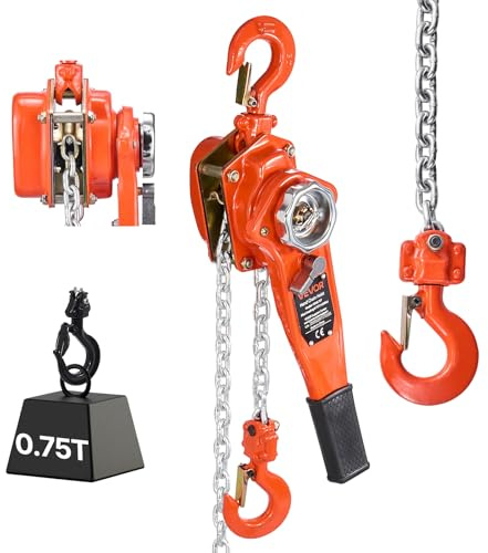VEVOR Paranco a Catena Manuale a Leva, Capacità 750 kg, Catena in Lega di Acciaio G80 con Sollevamento di 6 m e Freno Meccanico a Doppio Nottolino, Ganci Rotanti, per Magazzino Garage