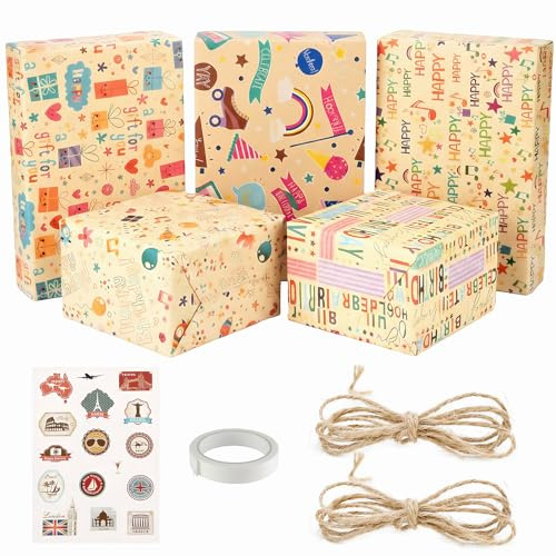 Culinavog Papel Envolver Regalo Cumpleaños, 5 Hojas Papel de Regalo Kraft, Cinta Adhesiva de Doble Cara y Pegatinas, Grueso Kraft Liso Colores Hojas Infantil Cumpleaños de Bebés Niños Niñas