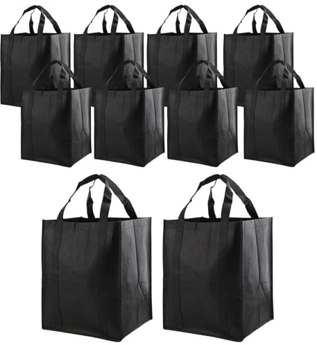 Sinjeun 10 stycken svarta shoppingkassar, 38 x 32 x 25 cm, återanvändbara shoppingkassar med handtag, shoppingkorg vikbar för shopping, shopping