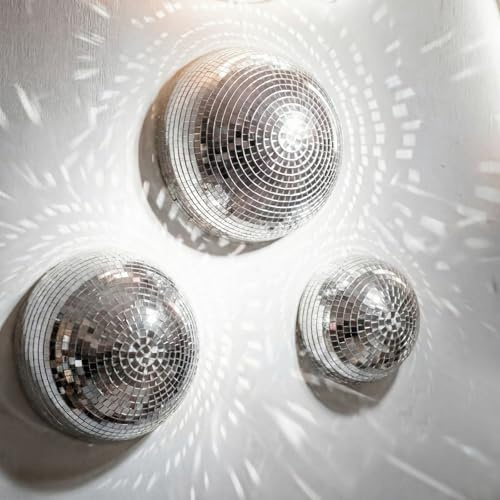 Singhoow 3 Pack Disco Ball Wall Decor 8/6/4 Inch 3D Half-Disco Ball Reflective Mirror Wall Art Self-Adhesive Aesthetic 70s 80s Sparkling Funky Party Decorations for Home Bedroom Birthday, Silver