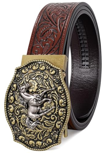 SANSTHS Cowboy Belt Embossed Leather Ratchet Belt for Men | with Automatic Alloy Buckle, Women Cowgirl Belt, Adjustable Western Buckle, for Jeans Pants, Halloween Cowboy Outfits