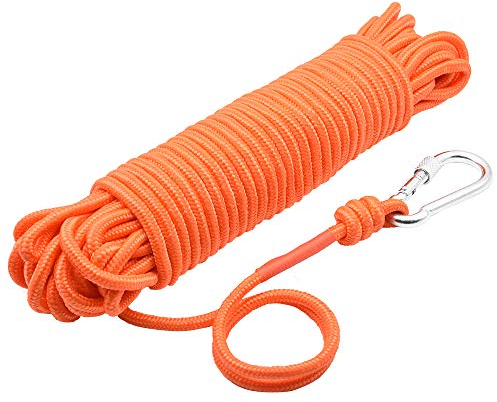 Pesca de Cuerda Magnética con Mosquetón, 65 Pies (20 Metros) Cordón de Nylon de Alta Resistencia para Todo Uso, Cuerda Duradera, Cuerda Pesada con Bloqueo de Seguridad, Diámetro 8mm, Naranja