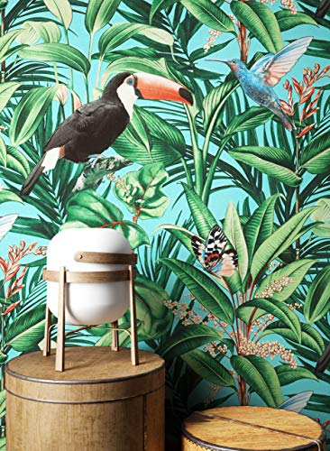 NEWROOM Tapete Türkis Vliestapete Dschungel - Dschungeltapete Tropisch Grün Bunt Blätter Tukan Floral Modern Palmentapete Tiere Botanisch inkl. Tapezier-Ratgeber