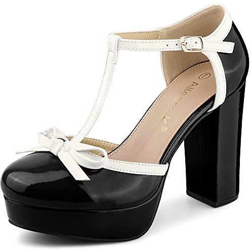 Allegra K Donna Piattaforma Fiocco T Strap Chunky Heels Pumps, Nero , 39 EU