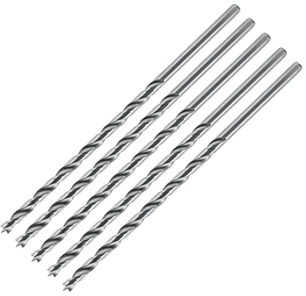 ENT 50403 Mèches hélicoïdales à bois Ø 3 mm en paquet de 5, extra-longues 150mm, avec pointe de centrage et prétailleur, D 3 x NL 100 x GL 150mm, queue cylindrique, Acier à haute vitesse