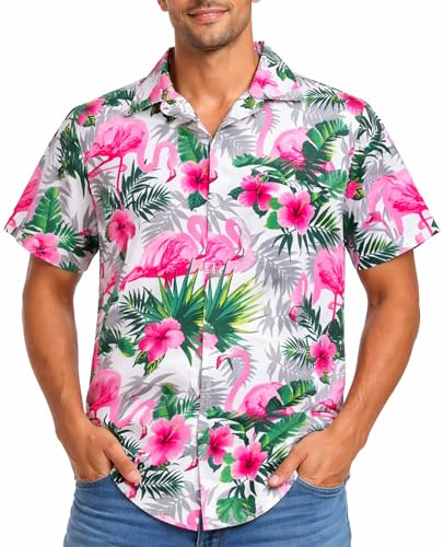 King Kameha Chemise Hawaïenne Homme Manche Courte - Chemise Aloha d’Été avec Motif Flamingo, Légère et Facile d’Entretien