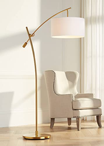 Possini Euro Design Raymond Modern Arc Floor Lamp 69 Tall Warm Gold Metal Adjustable Boom Arm White Linen Drum Shade Decor for Living Room Reading House Bedroom Home Office House