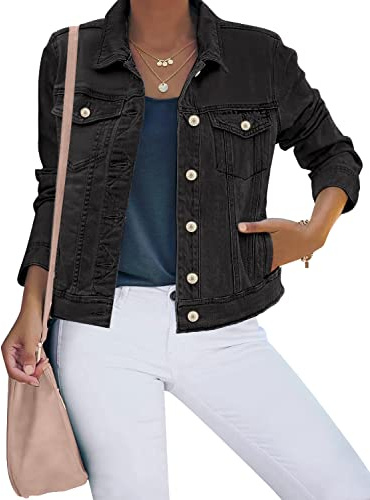 Roskiky Veste en jean, extensible, style camionneur, à manches longues, avec poche, pour femme, Noir vintage., L