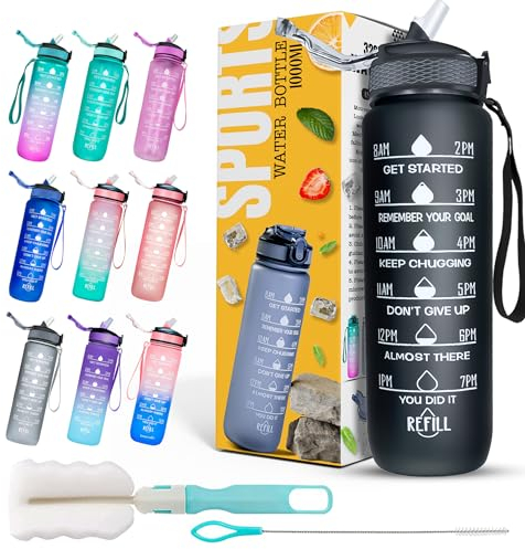 Roe Tenpo Sports Water Bottle with Straw and Time Marking, and 32OZ Capacity - Motivational and Eco-Friendly BPA-Free Bottle for Running, Gym, Yoga, Outdoors, and Camping (Style-1, Black)