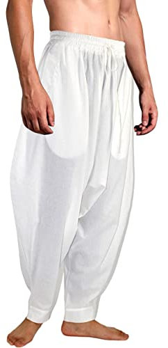 AITFINEISM Männer Haremshose Bequeme Elastische Taille Hosen Mode Einfarbig Casual Yoga Hippies Hosen (Weiß,S)