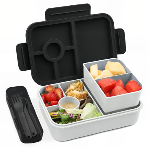 Bugucat Fiambrera 1300ML,Bento Lunch Box lunchbox con 5 Compartimentos y Cubiertos de Plastico, Fiambrera Infantil hermetico Bento Box para Adultos,Ideal Para,Picnic,Trabajo Negro