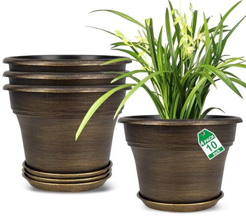 Fodetyff Lot de 4 Pots de Fleurs décoratifs en résine avec Soucoupe pour intérieur et extérieur, 25,4 cm, doré foncé