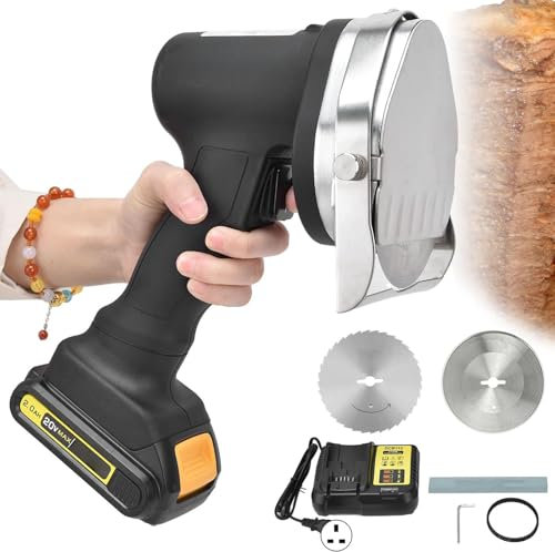 Affettatrice Kebab Elettrica Senza Fili 80W, Coltello Kebab Turco Portatile con 2 Lame in Acciaio Inossidabile, Spessore Regolabile 0~8 mm, Coltello Shawarma Doner Kebab Ricaricabile per Ristoranti