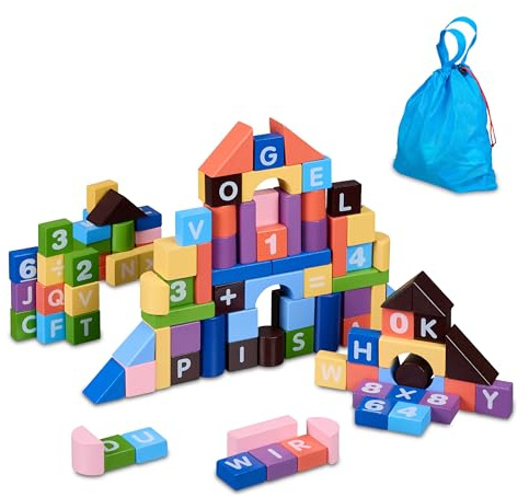 Relaxdays Bausteine, 108-tlg. Bauklötze Set mit Tasche, Buchstaben, Zahlen, Holzbausteine für Kinder ab 3 Jahren, bunt