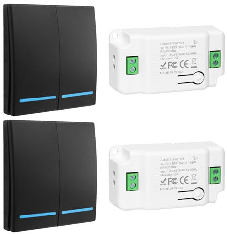 Interrupteur sans Fil, Interrupteur d'éclairage sans fil, RF 433Mhz Interrupteur va et Vient sans Fil et contrôleur 10A, installation facile, portée de 100 m - ‎2 interrupteurs noirs et 2 récepteurs