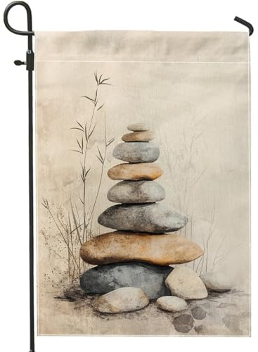 Bandera de jardín de equilibrio de piedras, decoración de guijarros apilados neutros, pancarta de arpillera inspirada en la naturaleza, decoración de césped de temporada para el hogar y el jardín, 12