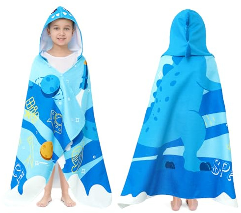 JISEN Kids Beach Towels-Hooded Towels for Kids,30 x 50 for 3-10 Years,Beach, Pool Ponchos for Kids with Hood,Boys Beach Towel,Blue Dinosaur