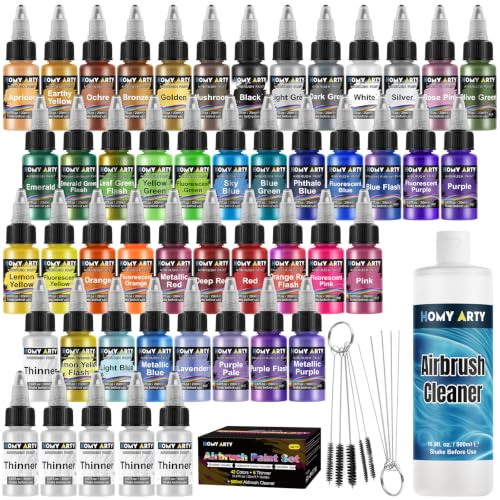 HOMY ARTY Airbrush Farbe - 42 Farben mit 6 Verdünner & 500 ml Reiniger mit Pinsel, bereit zum Sprühen Airbrush Farben, Airbrush Lack für Metall, Kunststoffmodelle, Holz, Leinwand, 20 ml/Flasche