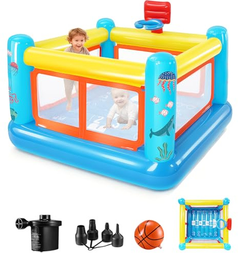 Château Gonflable pour Enfants de 3 à 6 Ans - Petite Maison de Jeu Gonflable en PVC avec Coussin rebondissant, Panier de Basket et Jeu rebondissant - Pompe à air Incluse