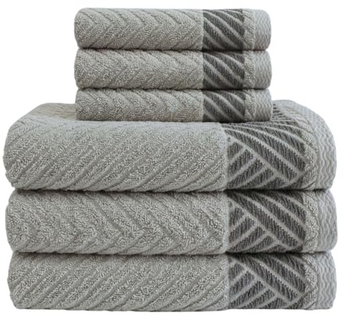 MAXIME MAISON - Set Asciugamani Bagno Viso e Bidet in Morbida Spugna 100% Cotone Assorbente (450 gr/m²) Set da Bagno 6 Pezzi Asciugamano Viso 55x100cm, Asciugamano Ospite 40x60cm (Chevrone Grigio)