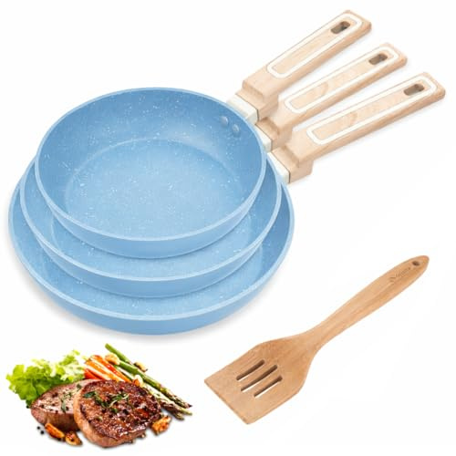 Family Pack 3 Sartenes de Aluminio Antiadherente 20+24+26 cm + Espátula de Bambú (30,5 x 6,5 cm), Revestimiento Duradero, Apta para Todo Tipo de Cocinas, Fácil de Limpiar, Azul
