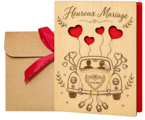 Cadeau Mariage Carte Mariage Félicitation En Bois Avec Enveloppe | Lot de 2 pièces, carte en bois 15 x 10 cm, enveloppe kraft 17,5 x 12,5 cm, intérieur rouge pour carte mariage