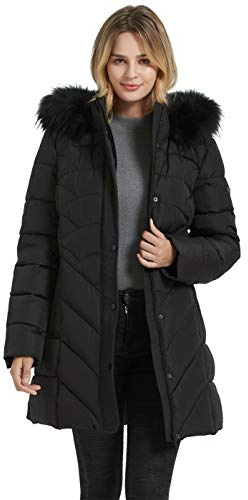 BINACL Women's Thickened Down Alternative Jacket, Snowboard Skiing Parka Puffer Tunnel Collar Elastic Neck Cotton Padding Slide Water Resistant Outwear Jacket with Fur Trim Removable Hood(Black,L)